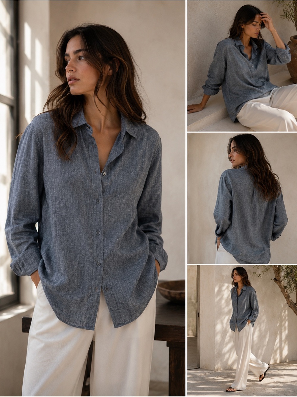Men’s Long-Sleeve linen Shirt - Slate Blue - Picture 2 of 6